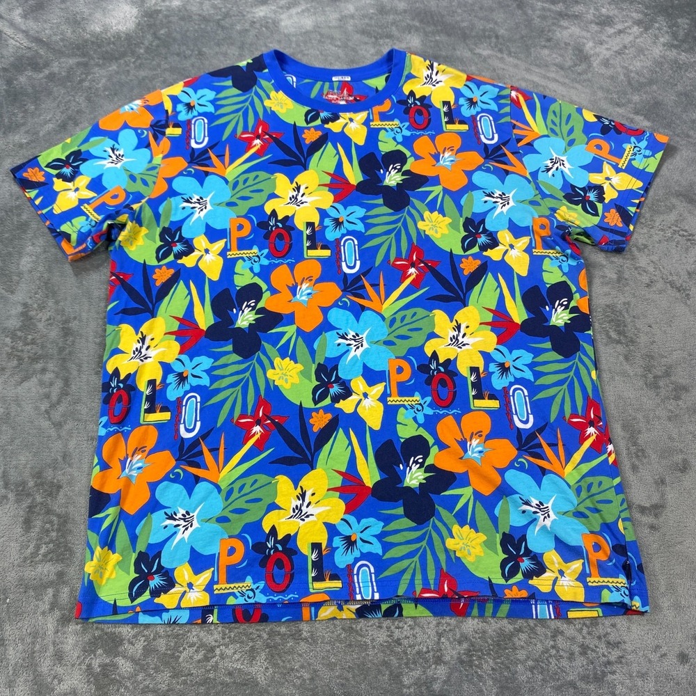 Polo Ralph Lauren Tropical Floral Logo T Shirt Blue All Over Print Adult XL AOP